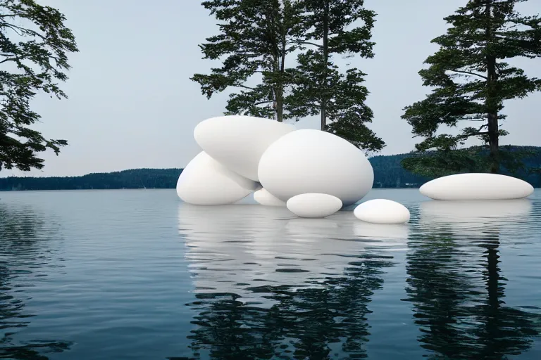 Prompt: a building formed by many multi - white egg - shaped spaces arranged and combined. on the calm lake, people's perspective