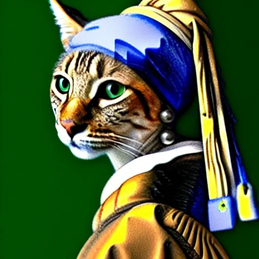 Prompt: girl with a pearl earring but as a lynx cat