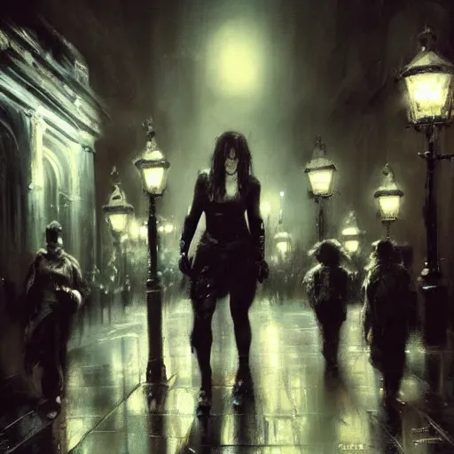 Image similar to walking the streets of london at night by raymond swanland, highly detailed, dark tones