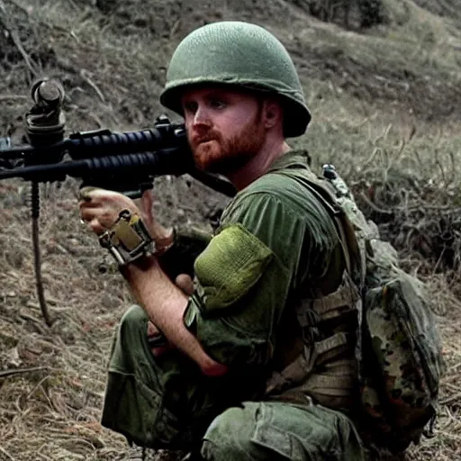 Image similar to aaron paul dressed as a us army soldier during the vietnam war, highly detailed, cinematic lighting, photorealistic