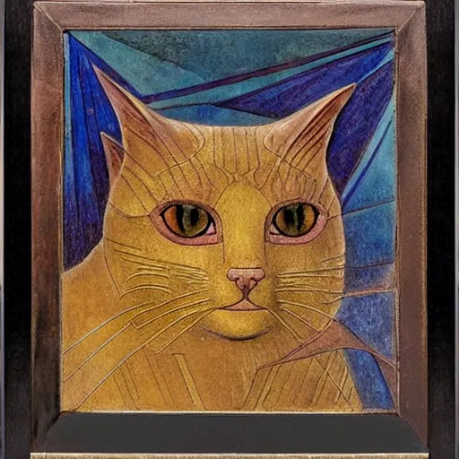 Image similar to cloisonne cat head sculpture, by annie swynnerton and diego rivera and nicholas roerich and jean delville, symbolist, dramatic lighting, god rays, art brut, rich colors, smooth, sharp focus, extremely detailed, adolf wolfli and ( donato giancola and bilibin )