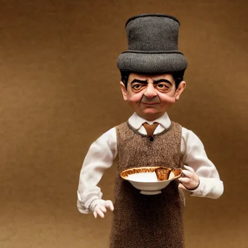 Image similar to A beautiful atmospheric photo of a beautiful Bjd doll of rowan atkinson as mr bean, wearing cute victorian costume, fantasy tea cup, intricate details, sharp focus, symmetrical composition, octane render, 8k, volumetric lighting