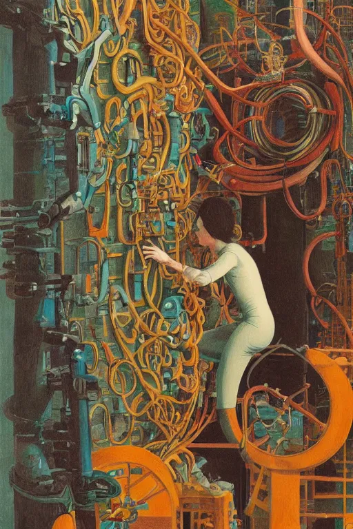 Image similar to realistic portrait of an engineer woman fixing the samsara cluster, fine portrait, concept art, stunning, in the style of brecht evens and jean delville