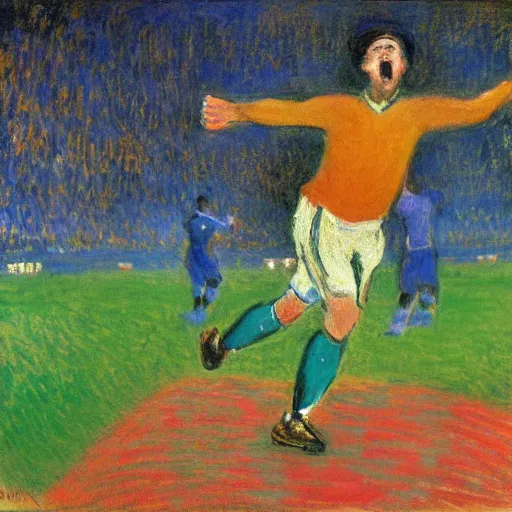 Prompt: monet painting of a man celebrating a goal, soccer, wearing a caps, stubbles, colorful, highly detailed, realistic,