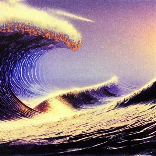 Image similar to typhoon at dusk in the style of Koginawa wave, by Bruce Pennington