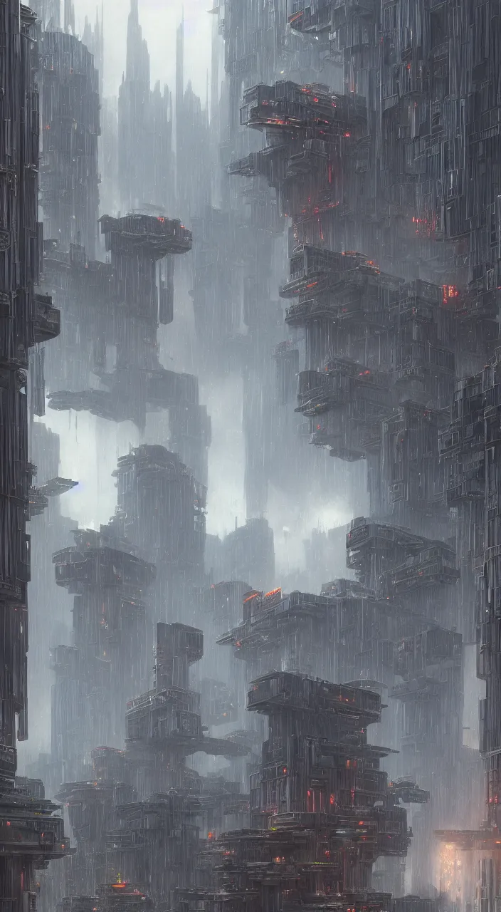 Image similar to highly detailed brutalist architecture city, star wars imperial style, while it's raining, stephen bliss, unreal engine, fantasy art by greg rutkowski, loish, rhads, ferdinand knab, makoto shinkai, ilya kuvshinov, rossdraws, global illumination, radiant light, detailed and intricate environment