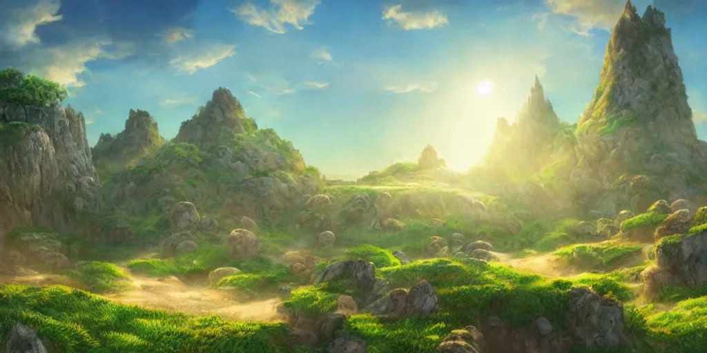 Prompt: lush and beautiful concept art for the shire, floating rocks in the air, stone city, arabian castles, sand, golden sun, planets, lord of the rings, peter jackson, studio ghibli, detailed, realistic lighting, volumetric lighting, golden hour,