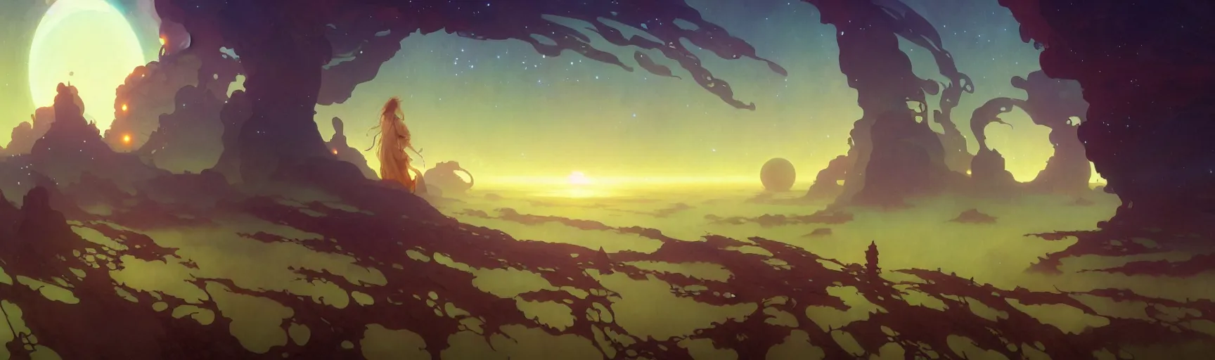 Image similar to a beautiful landscape painting of a science fiction planet, dynamic composition, dramatic, atmospheric, by alfons maria mucha and julie dillon and makoto shinkai