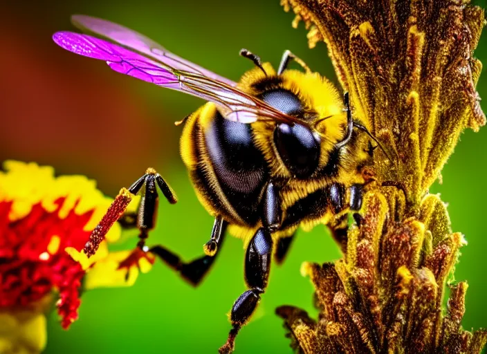 Prompt: super macro of a bee with cybernetic body drinking from a flower in the forest. fantasy magic style. highly detailed 8 k. intricate. nikon d 8 5 0 3 0 0 mm. award winning photography.