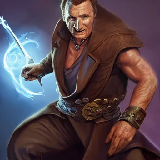 Image similar to Liam Neeson as Burl Gage, Antimage, casting Eldritch Bolt, iconic Character illustration by Wayne Reynolds for Paizo Pathfinder RPG