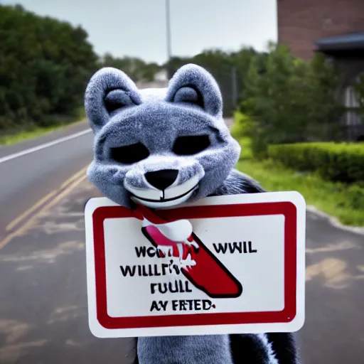 Image similar to a street sign warning furries that they will be arrested, sad furry looking at it