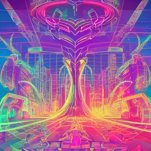 Prompt: mystical psychedelic poster with shaded lighting in the style of andriod jones, radiant light, detailed and complex environment, beautiful, peaceful, utopic astral city in the sky with many buildings and temples reflecting a modern city on the ground with old growth pine trees, overlaid sacred geometry, divine light, with implied lines, gradient of hot pink and neon baby blue