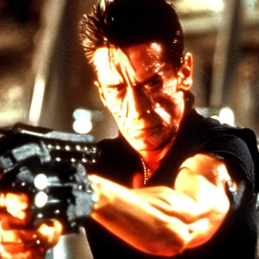 Prompt: cinematic still from terminator 2 : judgement day with the terminator played by sylvester stallone