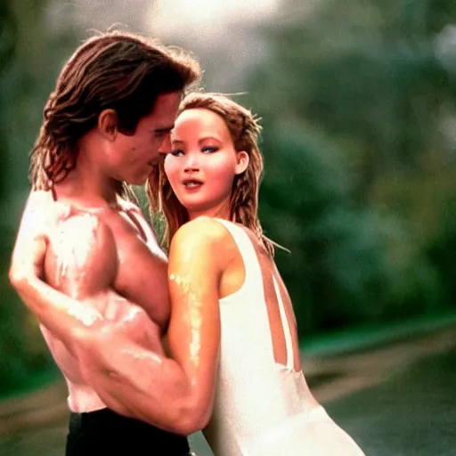 Image similar to portrait shot of young arnold schwarzenegger holding tight in love dancing in the rain with jennifer lawrence beautiful white wet dress, 5 0 mm kodak, beautiful light, best lense, 9 0 s romantic movie, 4 k