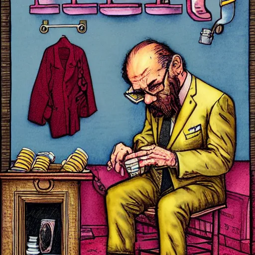 Image similar to The Artwork of R. Crumb and his Cheap Suit mixing whiskey in the bathtub, pencil and colored marker artwork, trailer-trash lifestyle