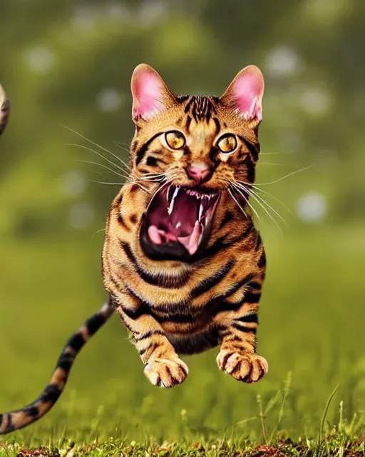 Image similar to beautiful and realistic bengal cat chasing after a gigantic mouse in a field, photo in the style of National Geographic
