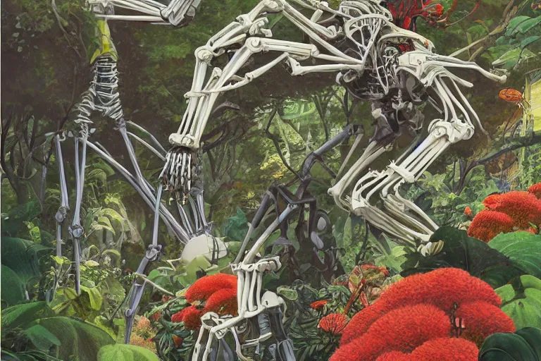 Image similar to 2 d gouache illustration, a lot of exotic vegetation, trees, tremendous skeletal robotic ancient gigantic cat, flowers, oldschool vintage sci - fi flat surreal design, super - detailed, painting by satoshi kon, hd, 4 k, high quality