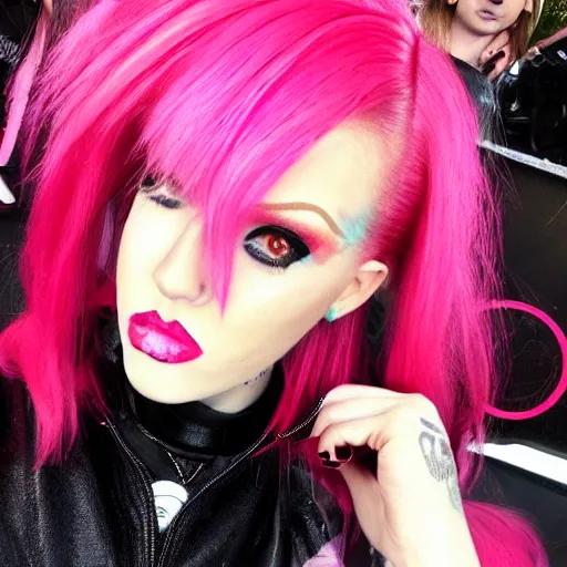Prompt: jeffree star 2 0 0 0 s selfie with pink red hair