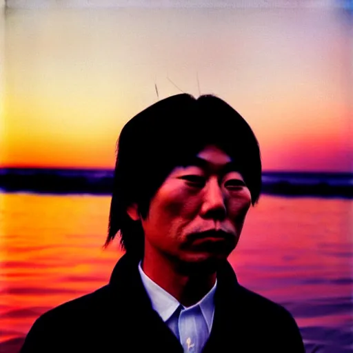 Image similar to tatsuro yamashita standing in the ocean looking at the camera, wide shot, far!!!!!!! away, zoomed out, distance!!!!!!! shot, sunset, centered!!!!!!!!!!, album cover, 1980, ride on time