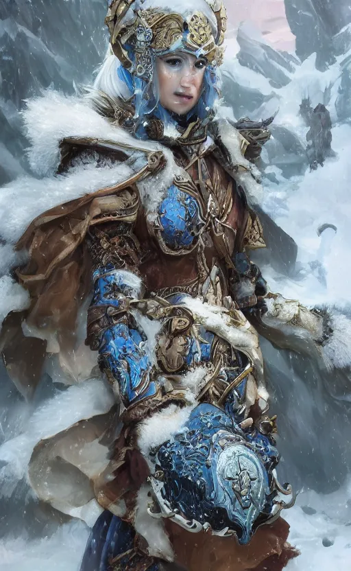 Image similar to azure viking warrior, regal, elegant, winter, snow, beautiful, stunning, hd, illustration, epic, d & d, fantasy, intricate, elegant, highly detailed, wide angle, digital painting, artstation, concept art, smooth, sharp focus, illustration, wallpaper, art by artgerm and greg rutkowski and alphonse mucha and jin xiaodi