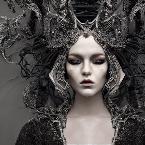 Image similar to a portrait of female model by stefan geselle and nekro borja, photorealistic, intricate details, hyper realistic, dark fantasy, ornate headpiece, dark beauty, photorealistic, canon r 3, photography, wide shot, photography, dark beauty, symmetrical features, unreal engine