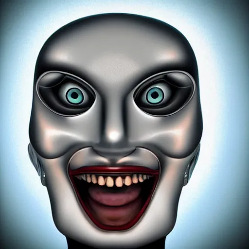 Prompt: A symmetric laughing robot portrait, beautiful!!! digital art