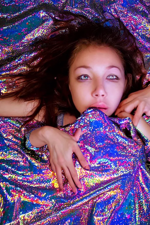 Image similar to hyperrealism close-up young girl lying in a holographic puddle unconscious in a room viewed from above photo by Terry Richardson