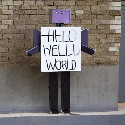 Prompt: a robot holding a sign that reads 'hello world'