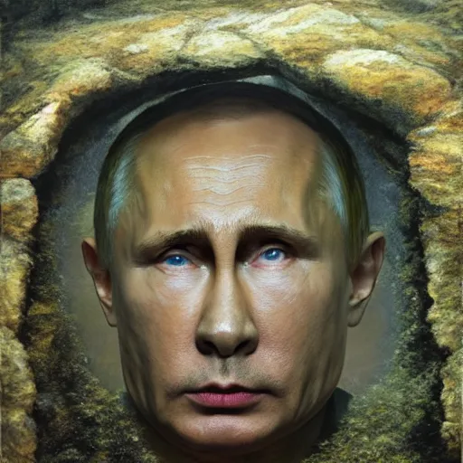 Image similar to Putin is sad in his cave, oil painting, by Ron Haviv, oil on canvas, highly detailed, matte painting, CGsociety, concept art, smooth, in focus, intricate, 8k