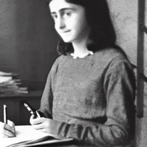 Image similar to Photograph of Anne frank writing in her diary in the attic