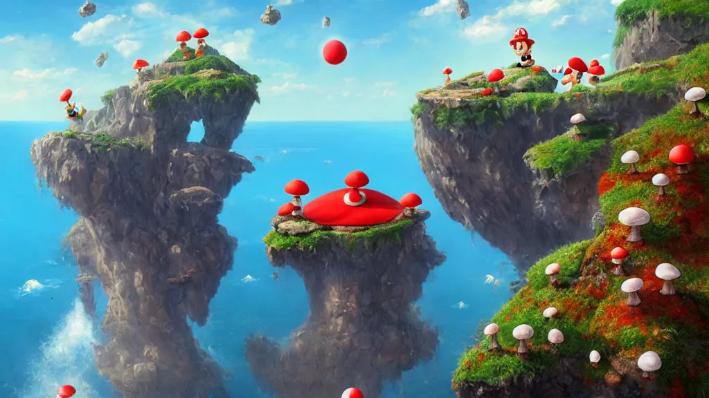 Prompt: Mario from Super Mario Brothers standing on the edge of a rocky cliff looking towards towering red and white spotted mushrooms growing out of the oceans, birds flying away from the mushrooms, mind-bending geometry, sapphire waters below, 4k, trending on Artstation, award-winning, dramatic painting, art by Greg Rutkowski, Igor Morski