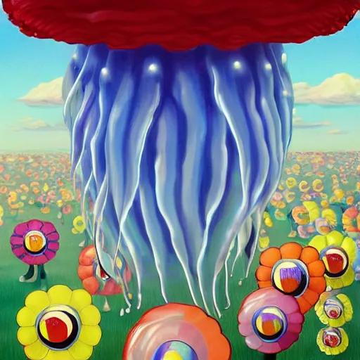 Prompt: Giant ice cream jellyfish, jellybeans, flowers, and mushrooms fly through the air, as a tornado approaches, by Takashi Murakami, Edward Hopper, Bo Bartlett, and Cynthia Sheppard, Artstation