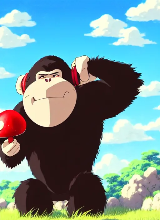 Image similar to wholesome cartoon anime gorilla holding a very small red mushroom, chilled out smirk on face, sunny sky background, lush landscape, illustration concept art anime key visual trending pixiv fanbox by wlop and greg rutkowski and makoto shinkai and studio ghibli and kyoto animation, symmetrical facial features, red headphones on head