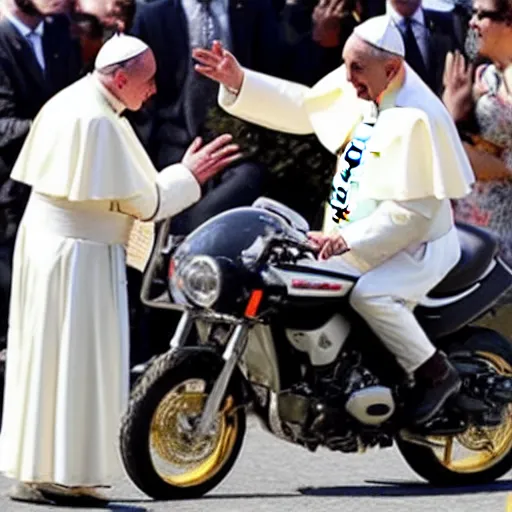 Image similar to pope francis doing a wheelie on a motorcycle with one hand and behind him muhammad