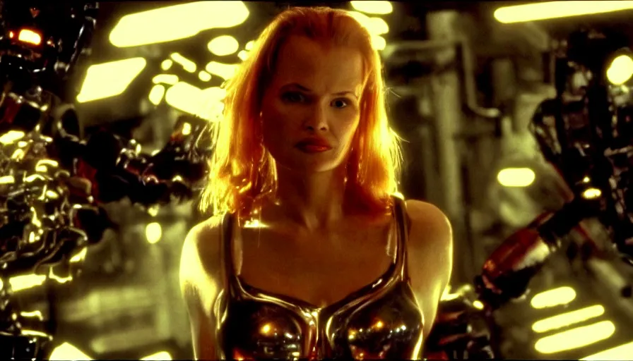 Image similar to perpetual motion machine intense moment, cinematic stillframe, dramatic lighting, The fifth element, vintage robotics, starring Geena Davis