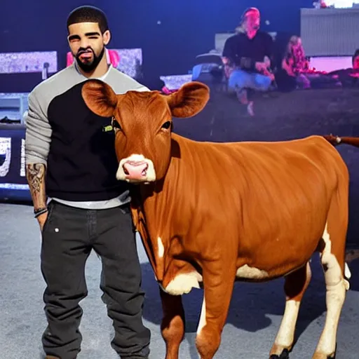 Prompt: a photo of drake, standing with a cow