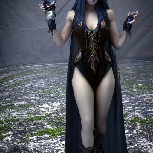 Image similar to beautiful dark sorceress female, 3d render, cinematic shot, hyper realistic