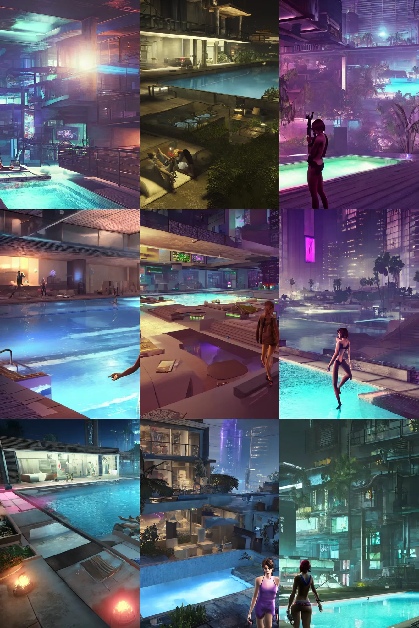 Prompt: A modern indoors pool party with cyberpunk illumination at night. With Emma Watson. GTA V In game render.