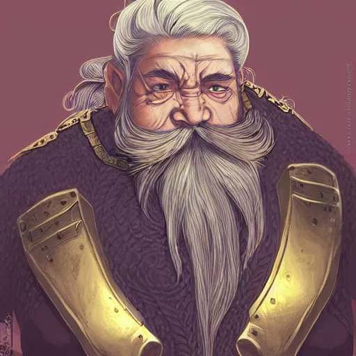 Prompt: elderly female feminine bearded dwarven heavyset fighter with curly long grey hairstyle, her full beard is in intricate lengthy braids and wrinkled skin wearing full black platemail armor with gold trim by rossdraws