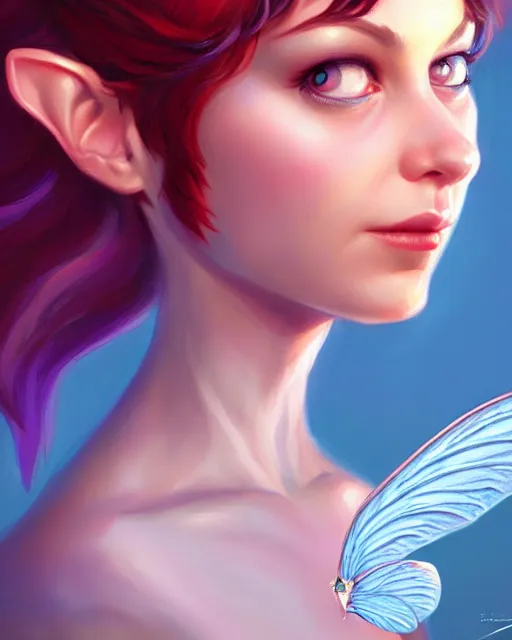 Image similar to portrait of a pixie with wings, digital painting, artstation, concept art, smooth, sharp focus, illustration, art by disney, symmetry face, fine details. art by alex ross, brittney lee