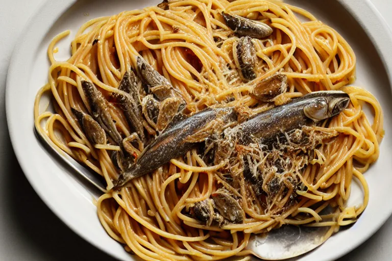 Image similar to Spaghetti with sardines and bananas