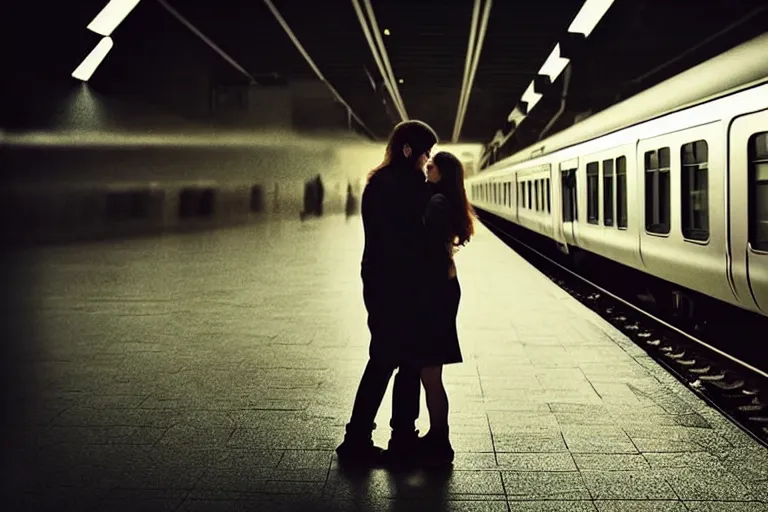 Image similar to vfx movie closeup couple in a train station flat color profile low - key lighting award winning photography cinematography atmospheric cool color - grade