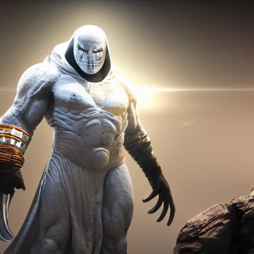 Image similar to a high resolution render of moon knight mixed with krator from gow, artstation, accurate, 8 k, cgivfx, quixel, wetastudiofx, bigstudiovfx, octanerender 3 d, framestorevfx, cgrecord, highdensity, highradiosity