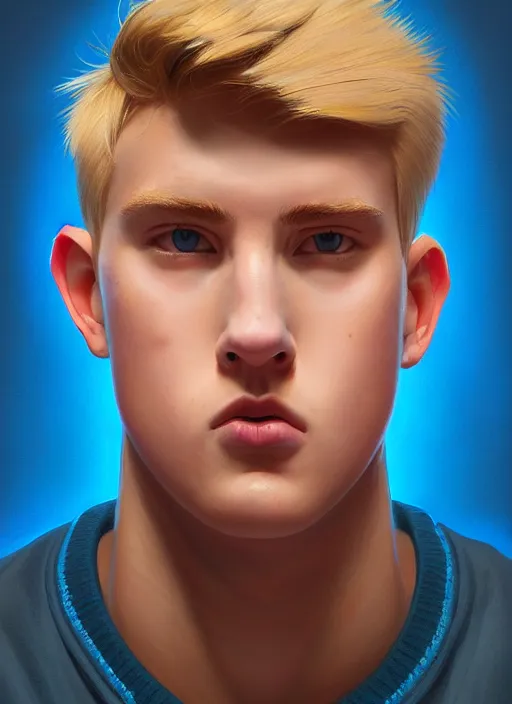 Image similar to portrait of high school senior boy named big moose, blonde short hair, jock, beefy, wide face, square jaw, square facial structure, blue varsity jacket with letter r, intricate, elegant, glowing lights, highly detailed, digital painting, artstation, concept art, sharp focus, illustration, art by wlop, mars ravelo and greg rutkowski