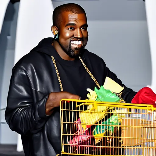 Image similar to kanye west sitting in a shopping cart grinning