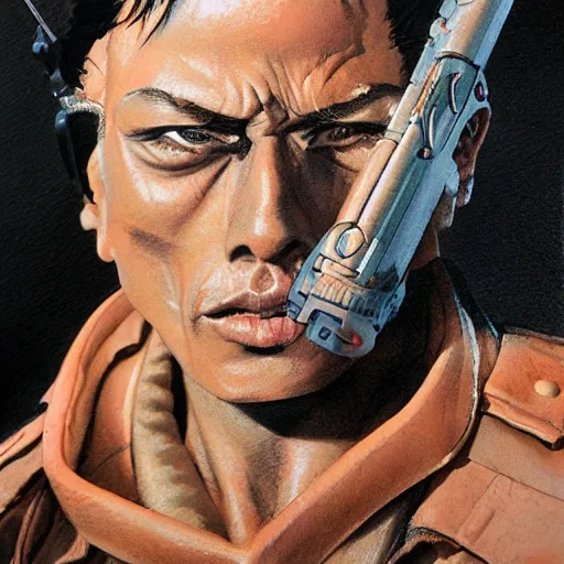 Prompt: detailed details photorealistic kawachi tesshou from the front of armament in the style of bob peak and alex ross, gouache and wash paints color, detailed details facial and body and human and environments and proportionate, detailed 5 k details.