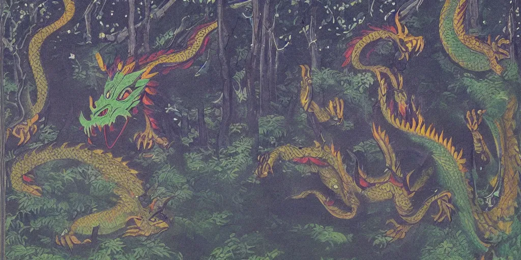 Prompt: dragon at night, in the forest, indian art