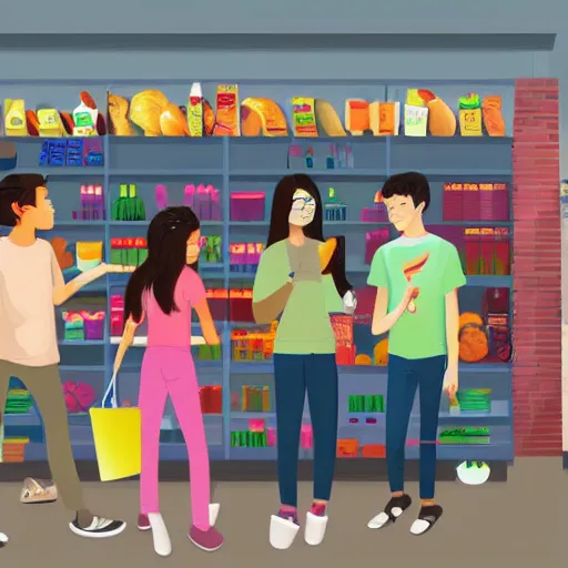 Prompt: teens visiting groceries store artwork by ztoon zt 0 0 n