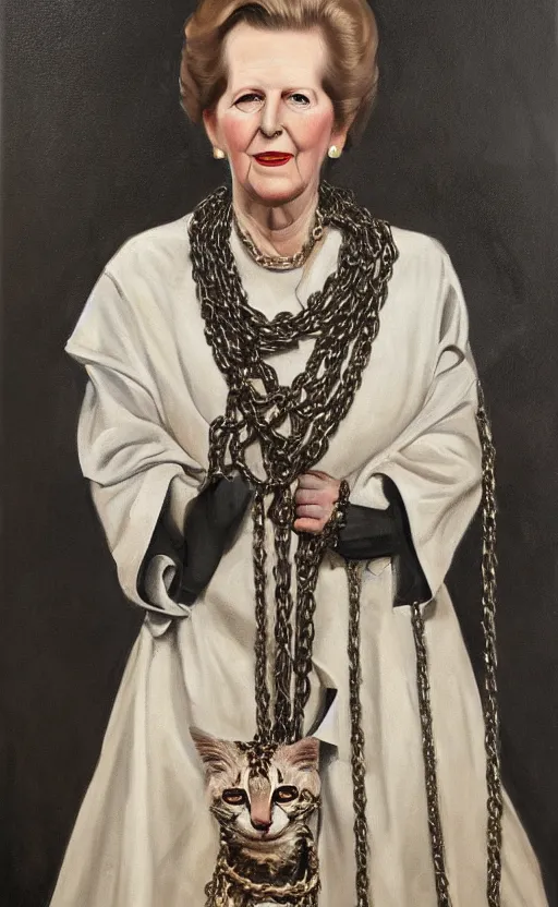 Image similar to an oil portrait of margaret thatcher in ceremonial robe keeping distressed servals in chains at her feet, high quality, artstation, higly detailed, dark lighting