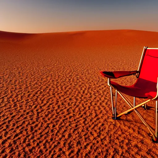 Image similar to a red camping chair in the middle of the sahara desert. the chair is far away from the camera.